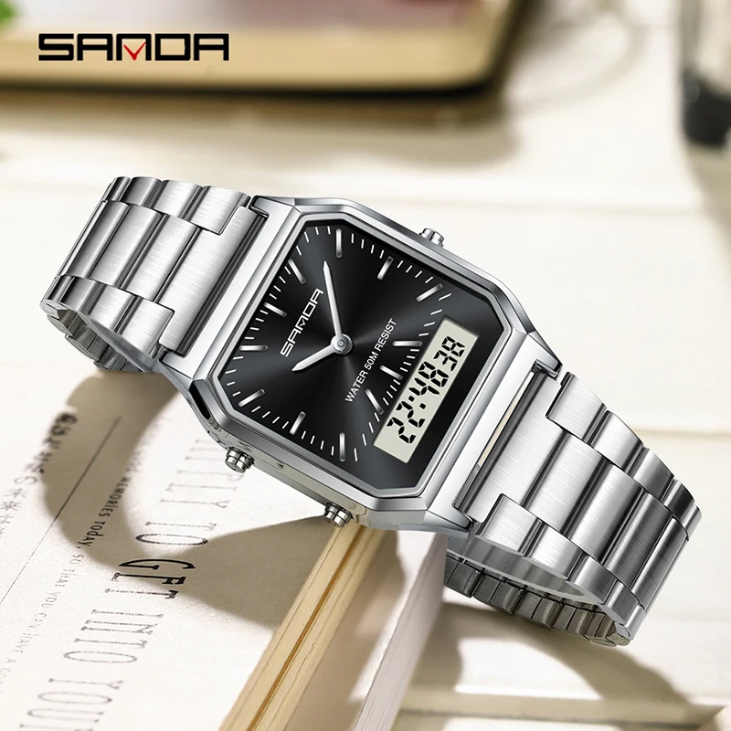 SANDA 747 LED Digital Dual Display Clock Waterproof Sports Luxury