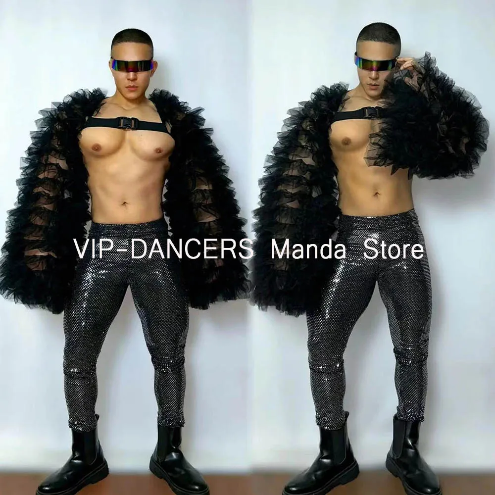 Black Pole Dance Clothing Nightclub Muscle Man Sexy Gogo Dancer Male Stage Show Costume Puff Sleeve Coat Glitter Pants VDL607