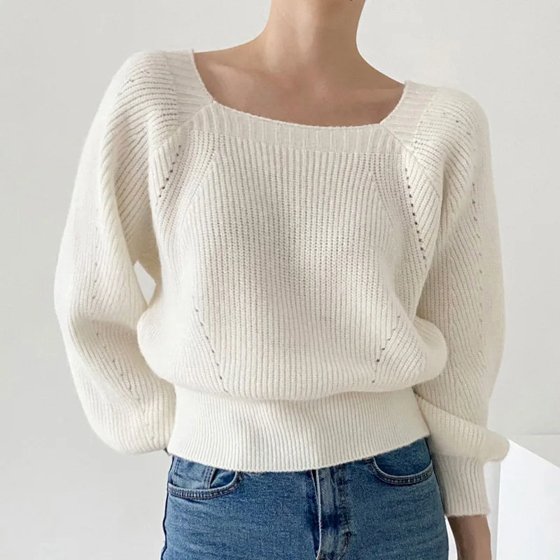 Korean Chic French Retro Square Neck Exposed Collarbone Pullover Loose Casual Long Sleeved Knitted Sweater for Women