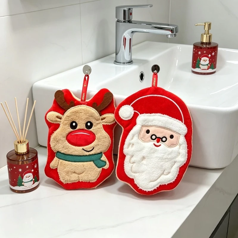 2PCS Christmas Hanging Hand Towel, Santa Reindeer Microfiber with Loop, Quick Dry Terry Cloth, Sink Shower Bathtub Holiday Decor