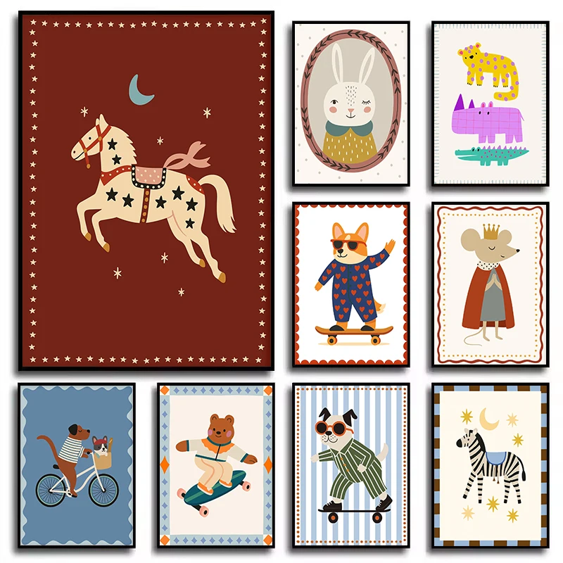 Boho Fantasy Magical Horse Bunny Bear Animals Nursery Poster Canvas Painting Wall Art Pictures Nordic Home Playroom Decor