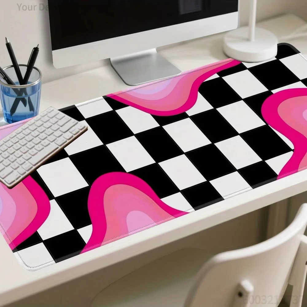 Pink Black Checkerboard Wavy Art Large Mouse Pad Waterproof Non-Slip Aesthetic Gaming Desk Mat Trendy Office Pad