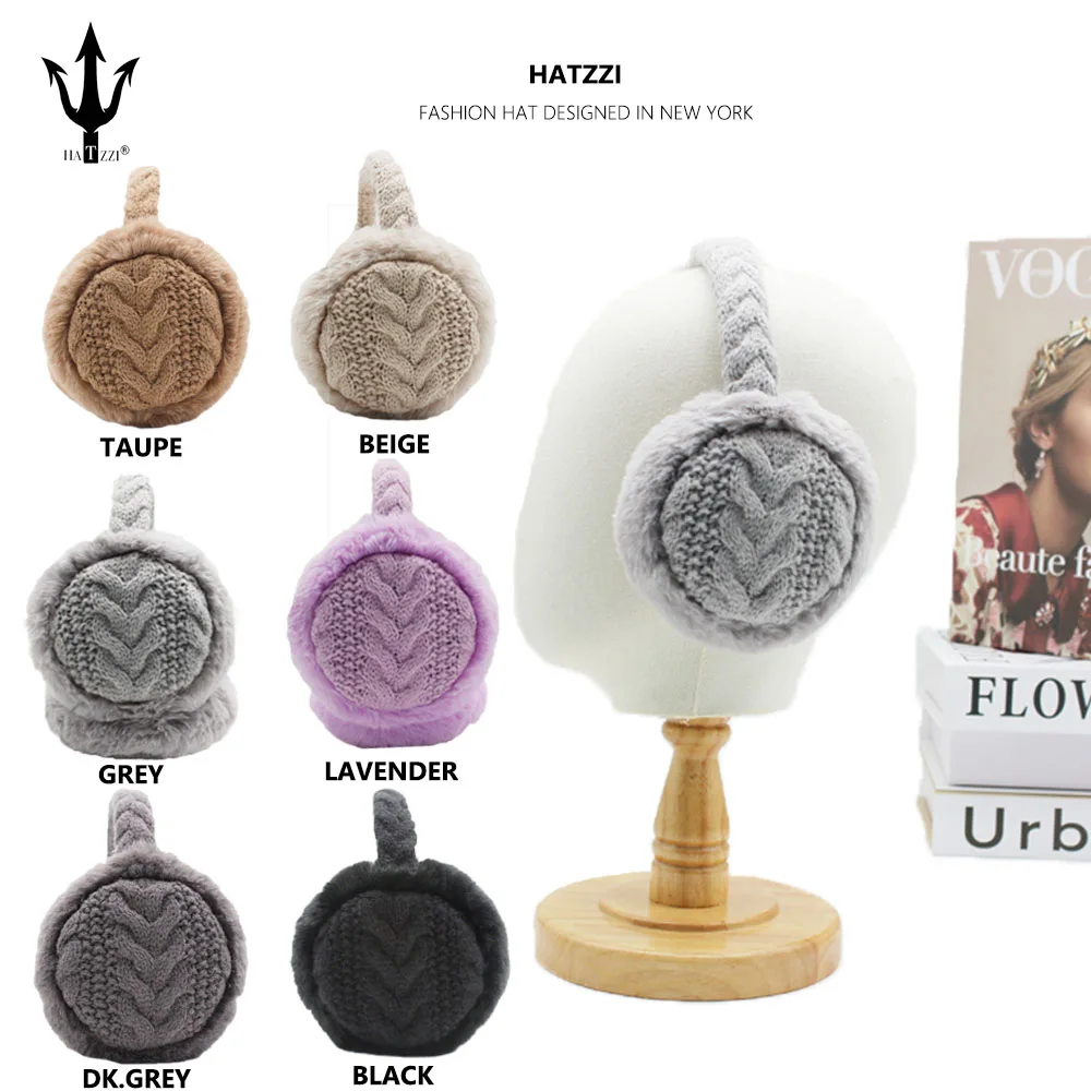 HATZZI unisex cable knitted rabbit fur warm earmuff orejeras cache-oreilles de lapin en peluche ear muffs women