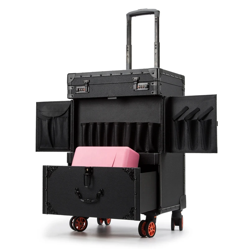 Punk Hairdressing Toolbox Trolley Luggage Bag Nail Black Retro Grandma Salon Drawer Professional Makeup Tool Box Large Suitcase