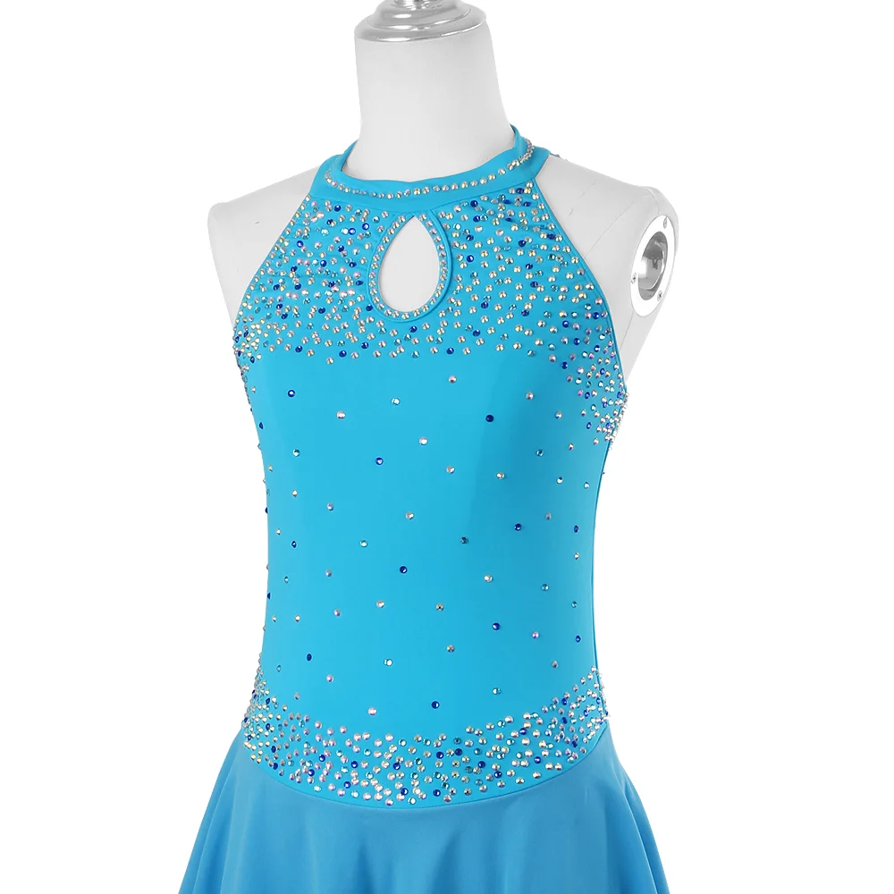 Custom Figure Skating Dress Sapphire For Women And Girls Ice Skating Clothes Sleeveless Condole Belt With Rhinestones