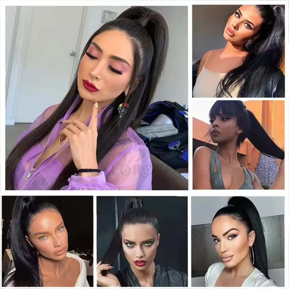 Coda di cavallo dritta sintetica da 30 pollici per donne nere Coulisse Parrucchino lungo Estensioni coda di cavallo Capelli resistenti al calore Coda finta