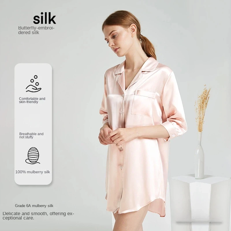 19 Momme 100% Mulberry Silk Nightdress Women Solid Color Simple Sexy Short Sleep Shirt Comfortable Loungewear