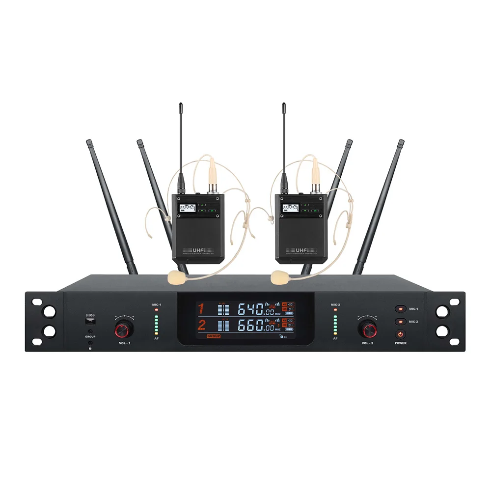 Micrófono inalámbrico certificado UHF de 2 canales True Diversity XLR auriculares de mano Clip Lavalier Dy namic Material metálico para