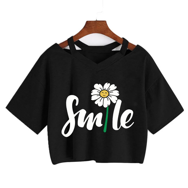 Y2k Letter Smile and Flower Print Crop Tops for Woman 90s Sexy Vintage Tshirt Clothing Women's Graphic Cropped T Shirt Female