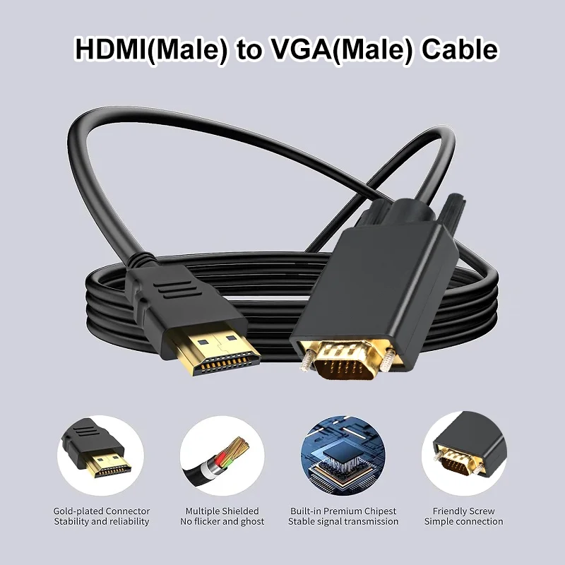 Black HDMI to VGA Cable, HDMI Male to VGA Male Adapter Gold Plated 080P HD Video Cord for Computer, Desktop, Laptop, PC