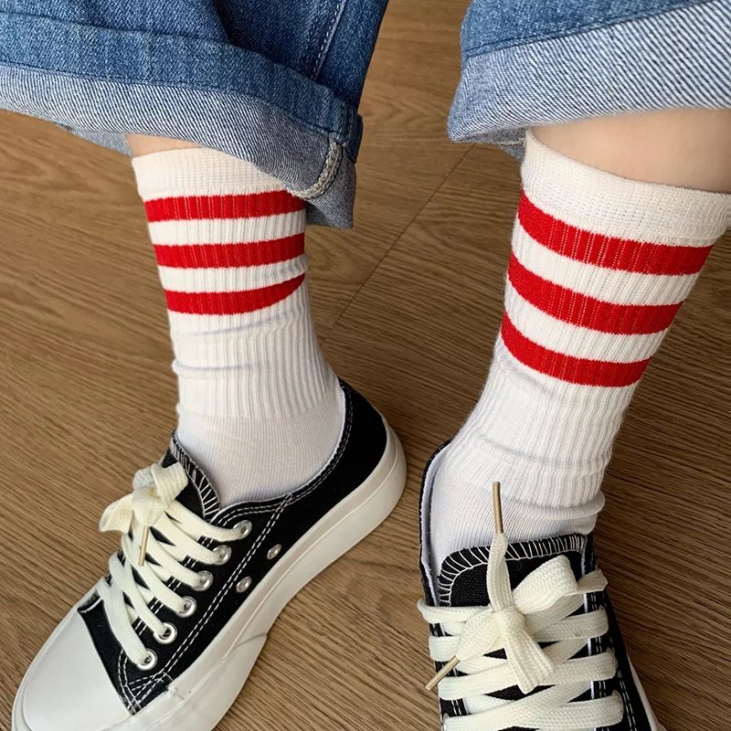 1-3pairs Solid Color Stripe Socks Women Simple Sports Crew Skateboard Mid Tube Sock Unisex Breathable Cotton Knitted Long Sox