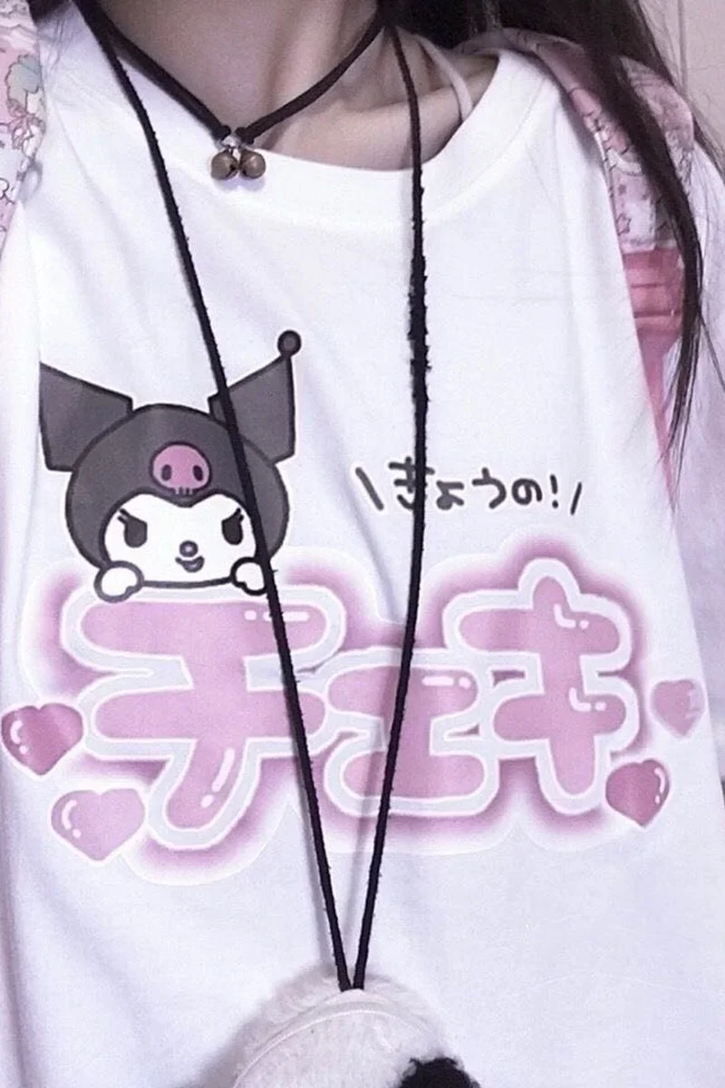 Camiseta de manga corta con estampado de Kuromi japonés de dibujos animados para mujer, ropa Harajuku para chicas dulces, Camiseta de cuello redondo, camisetas para mujer