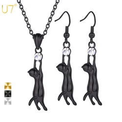 U7 Cat Jewelry Set for Woman Necklace Earring Set Cute Cat Chasing Ball CZ Jewelry Gift for Cat Person for Daughter Girl Friend