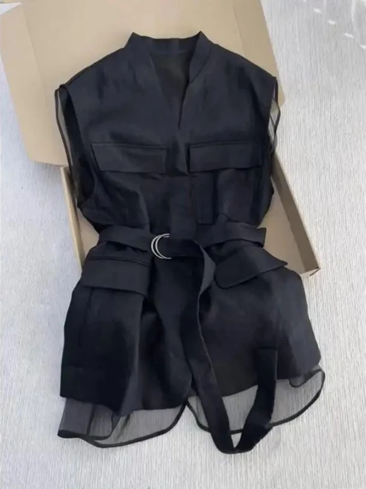 

Women Korean Summer Black Sleeveless Vest Tops for Women V Neck Slim Waist Mesh Patchwork Shirt Elegant Office Casual Waistcoat