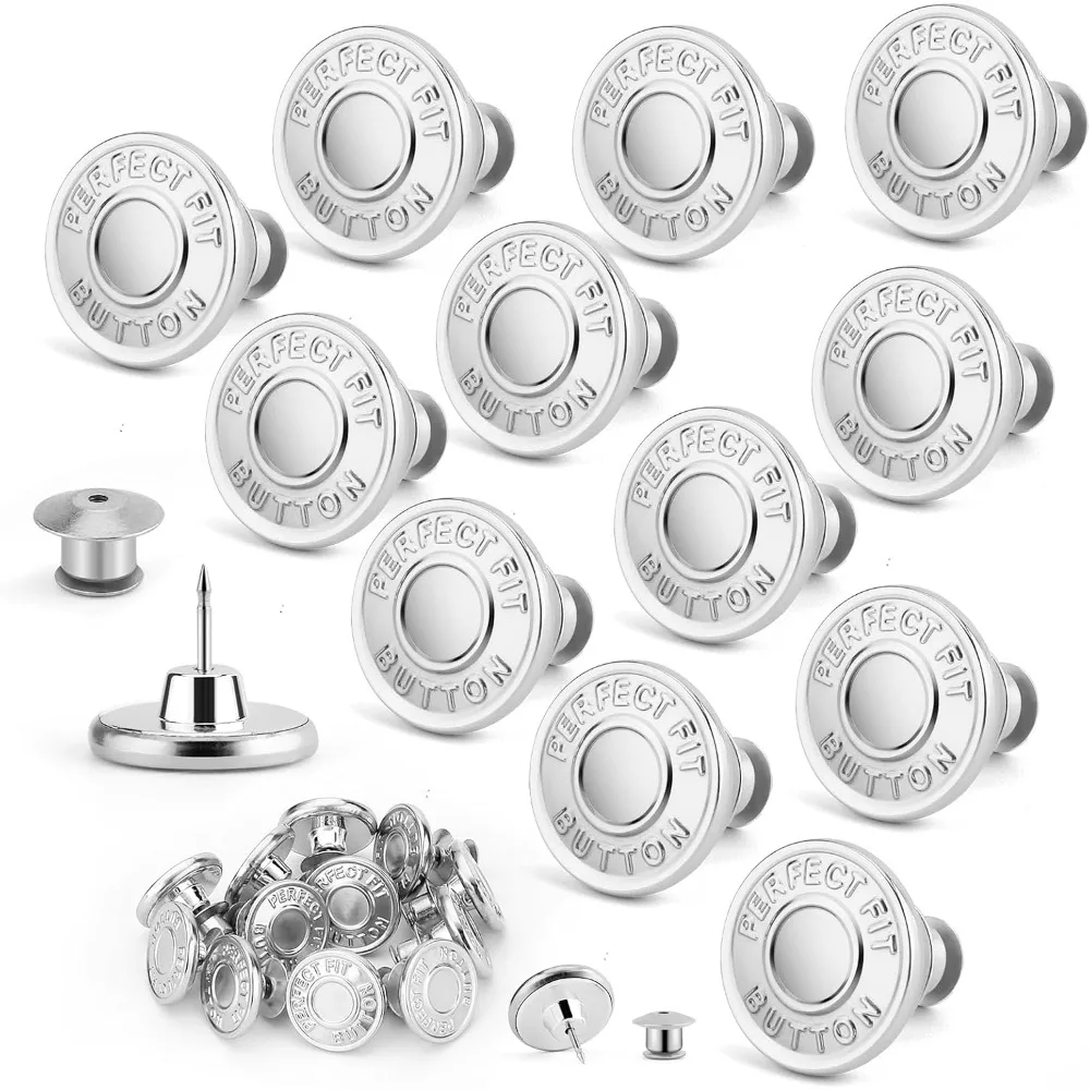 No Sew Adjustable Jean Buttons Waist Tightener Replacement for Loose Jeans Reusable Button Pins Set of 12