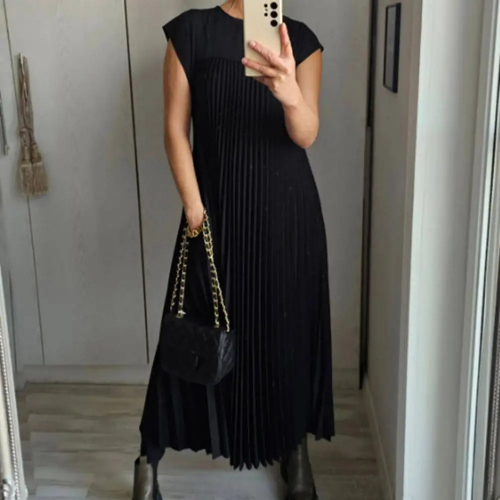 

Women Dress Elegant Pleated A-line Midi Dress for Women Sleeveless Round Neck Summer Dress Soft Breathable Solid Color Commute