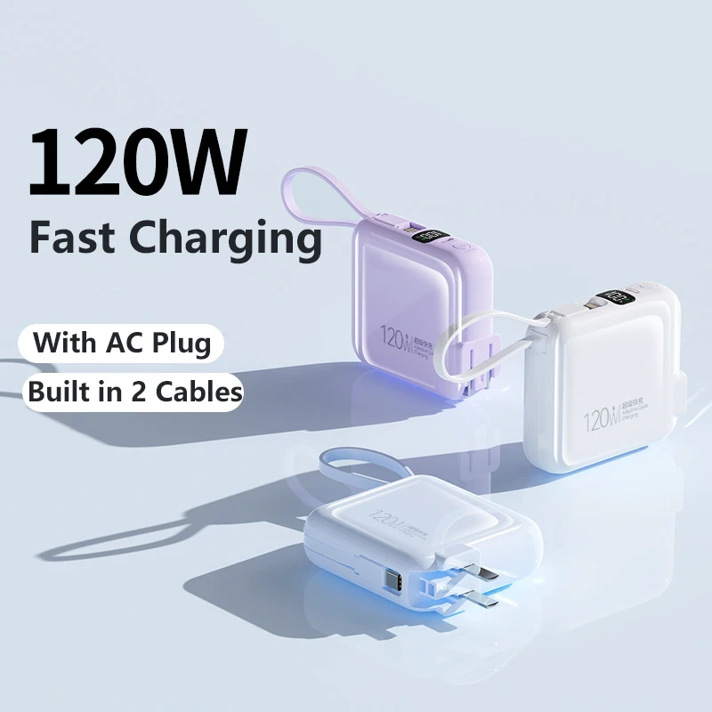 

20000mAh Mini Power Bank 120W Super Fast Charging Wall Charger with Cable Plug for iPhone 17 16 Xiaomi Samsung Powerbank Station