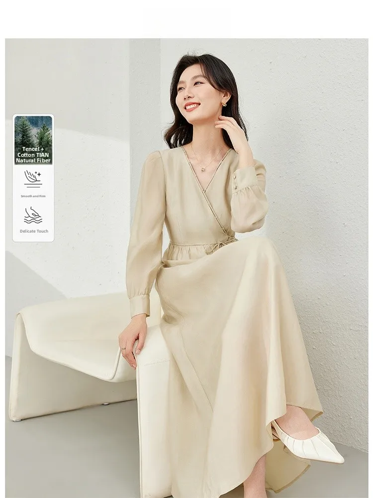 

Ele V-ne Long A-line Dr Women's Autumn Faion 2025 New High-End Feel Casual Button Mid-Waist Rceler Fabric Bubble S...