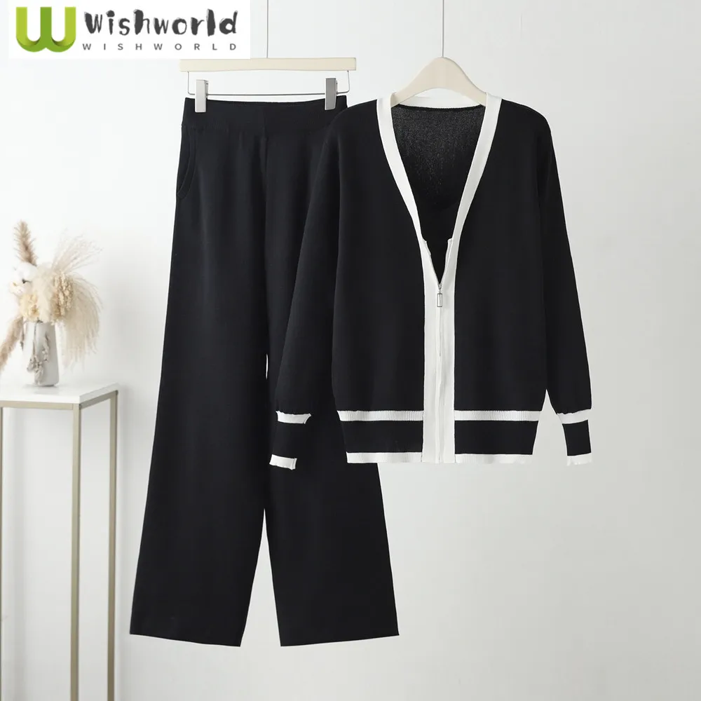 

Fashion Women's Set Autumn and Winter New Knitted Cardigan Loose Strap Slimming Wide Leg Pants Three Piece Set