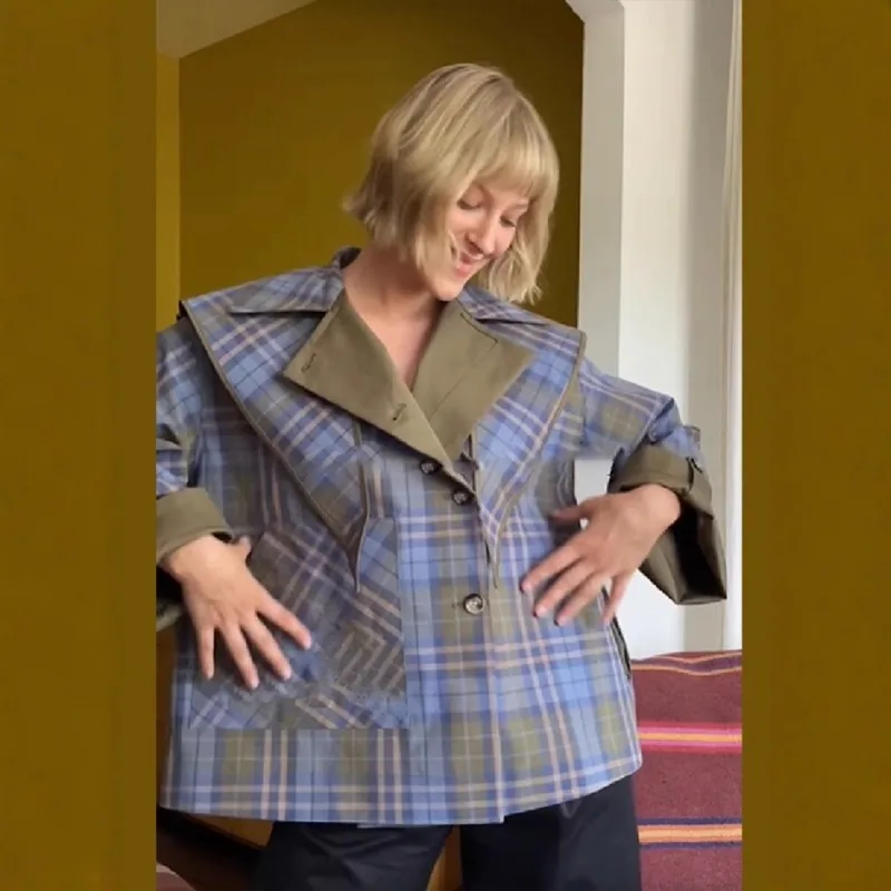 Dwustronna kurtka w kratę FL Fashion, damska, luźna, z klapami, długi rękaw, zapinana na jeden guzik, z kieszeniami, nowa kolekcja jesień 2026, streetwear dla kobiet.