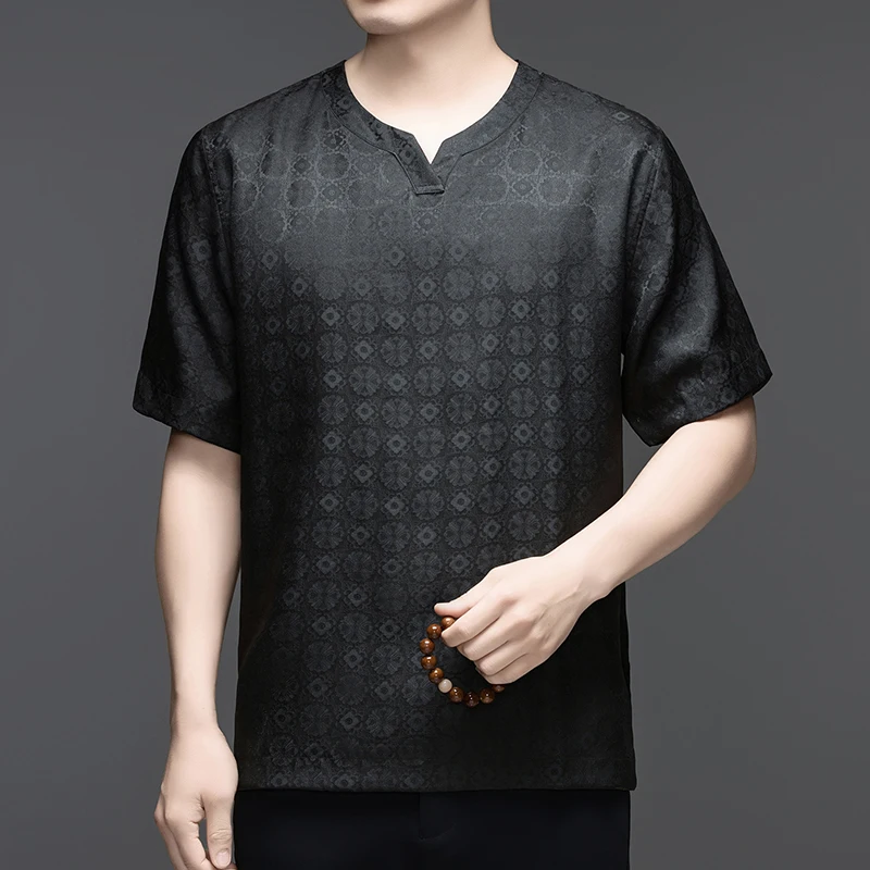 Mulberry Silk 100% Premium T Shirt For Men Short Sleeve Loose Fit Summer Quality Lightweight Coolness V-Neck Camisetas De Hombre