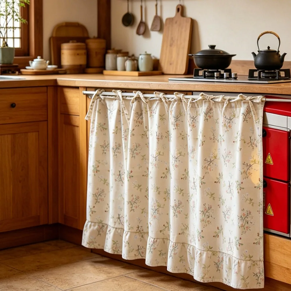 Ruffled Edge Farmhouse Plaid Kitchen Oven Skirt No Drilling Cotton Kitchen Cabinet Curtain with Tie Ribbon Kitchen Stove Cover