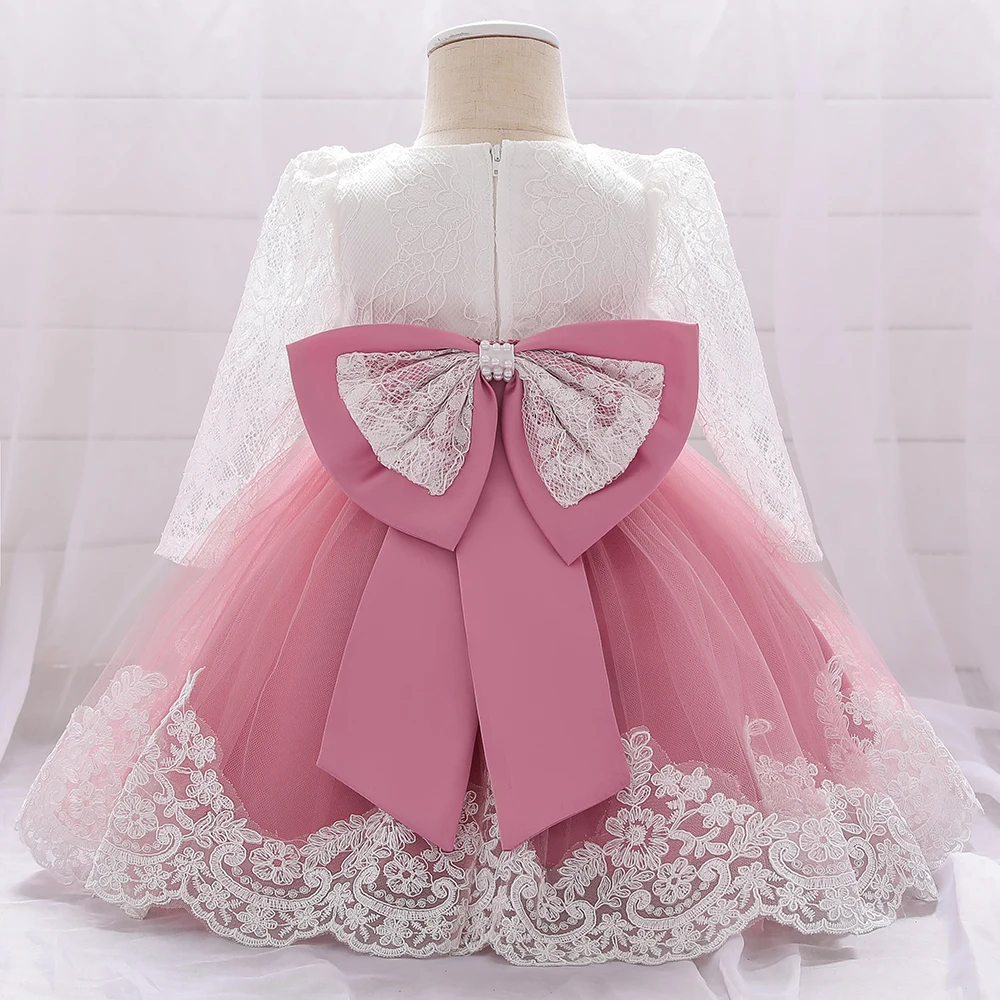 Elegant Long Sleeve Baby Girl Dresses Big Bow Party Wedding Girl Lace Dresses Infant Girl 1st Birthday Princess Baptism Costumes