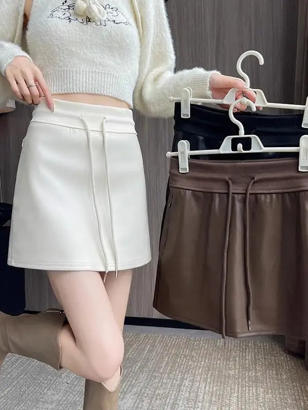 

Retro Coffee Leather Skirt High Waist Elastic Women's Spring Autumn Winter New Sle A-Line ort Skirt Anti-Light