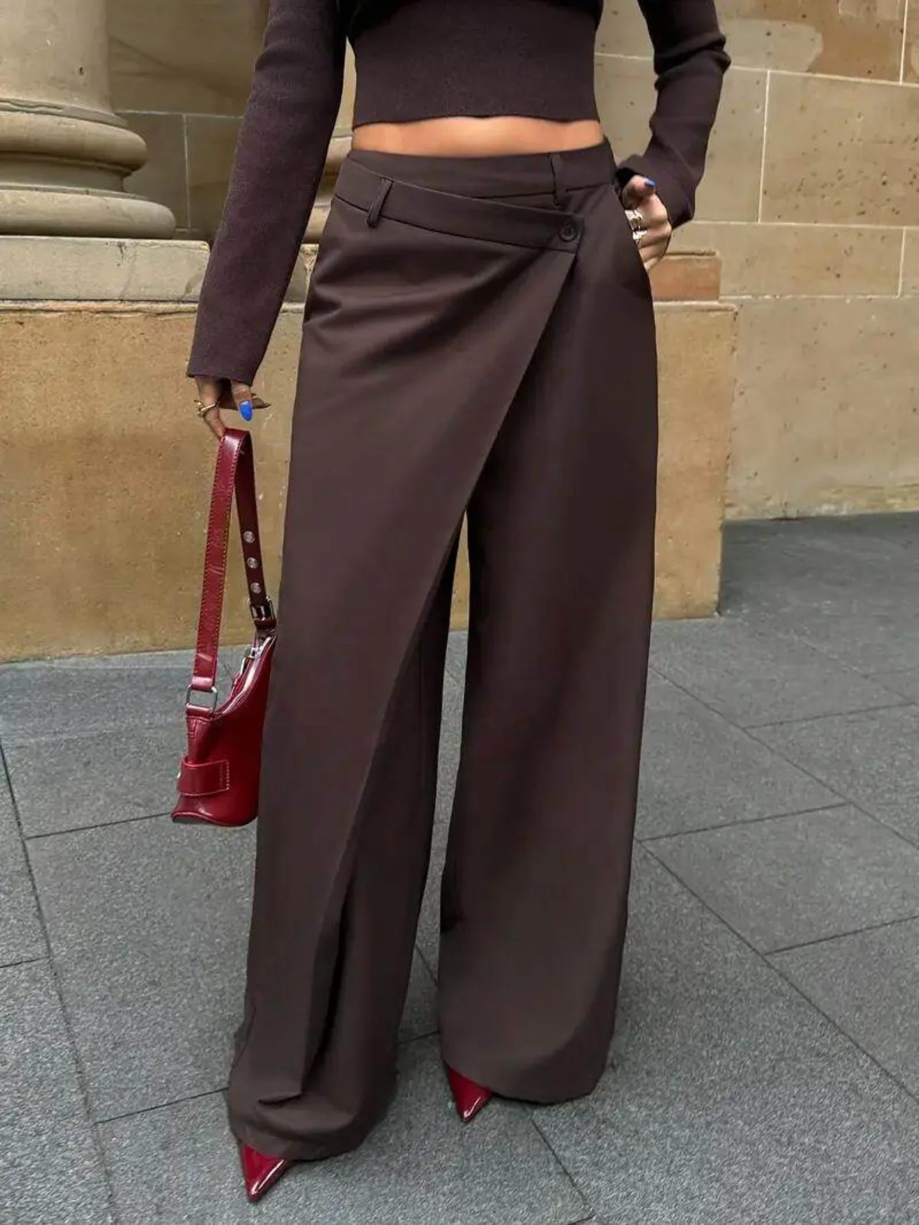 Women's High Waist Wrap Front Wide Leg Pants Cross Over Button Detail Full Length Casual Ladies Trousers