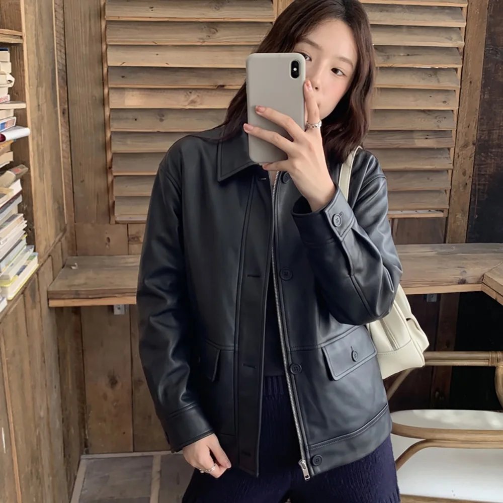 Casual Loose PU Leather Jacket Women's Spring Autumn New Style Zipper Pocket Flip Collar Slimming Outerwear Fashionable Coat