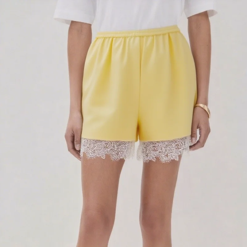 2025 Pantaloncini eleganti in pizzo di raso per donna Pantaloncini casual in vita elastica Pantaloni corti estivi eleganti a vita alta Lady Loungewear