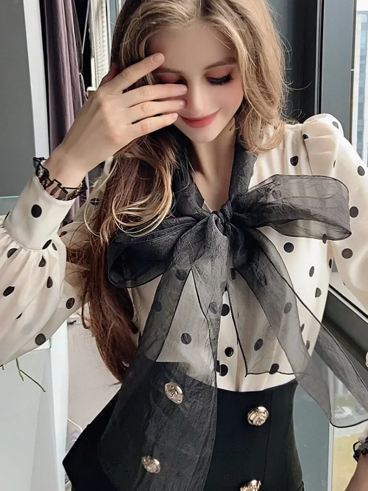 Dabuwawa Spring Autumn Elegant Women Chiffon Shirt Big Bow Tie Dot Long Sleeve Blouse 2023 DM1AST002