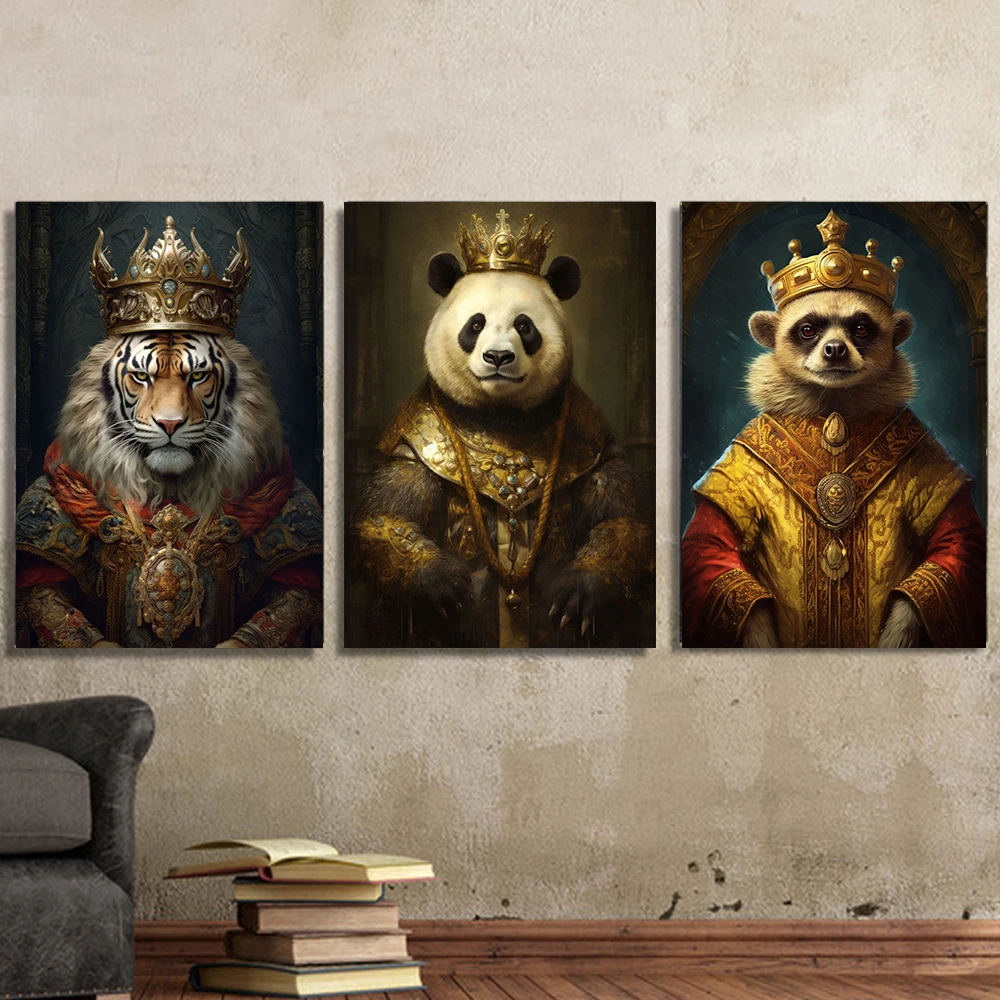 Panda Giraffe Otter Cat King Animals Golden Crown Luxury Royal Art Canvas Paintings Retro Posters Prints Home Wall Decor Cuadros