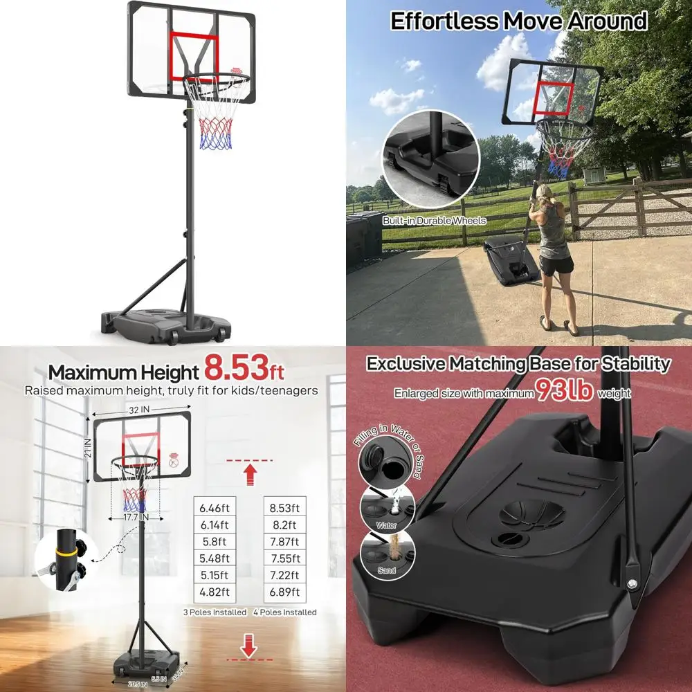 어린이, 청소년 및 청년을 위한 조절 가능한 휴대용 농구 골대 - 야외 뒷마당 차도 농구 골대 4.82~8.53피트