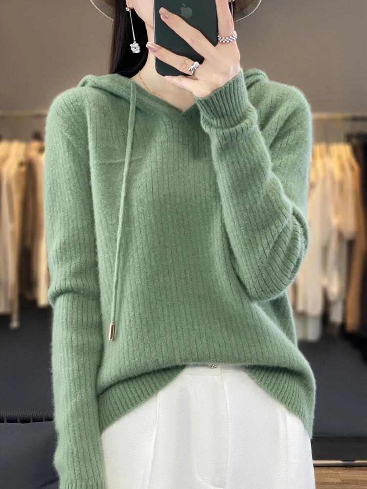 Addonee Women\'s Sweater Casual Hoodie 100% Merino Wool Solid Long Sleeve Cashmere Knitted Pullover Korean 2023 Autumn Winter Top