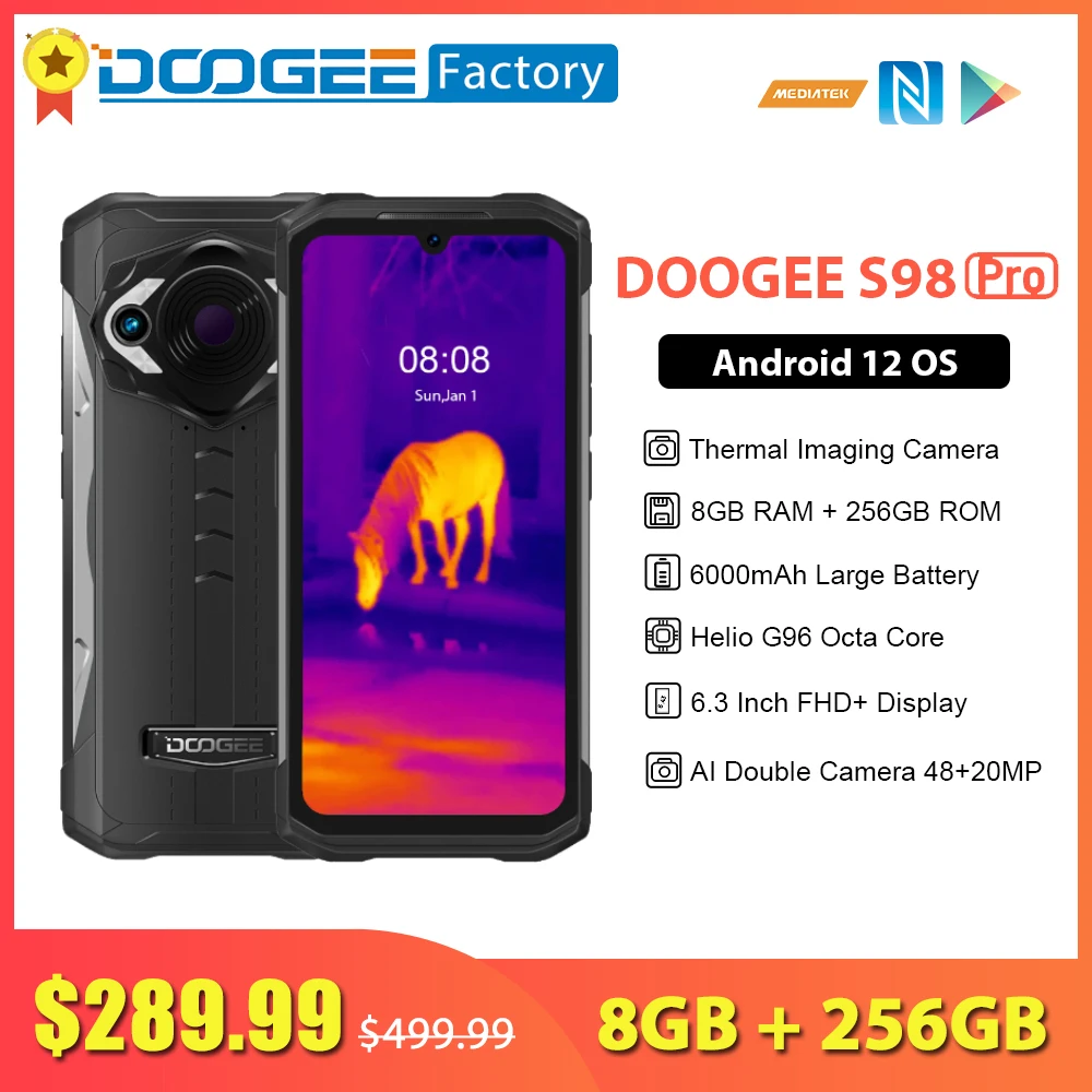 DOOGEE S98 Pro Thermal Imaging Camera Mobile Phone 8GB 256GB 6000mAh Smartphone 6.3 Inch 20MP Night Vision Cellphone
