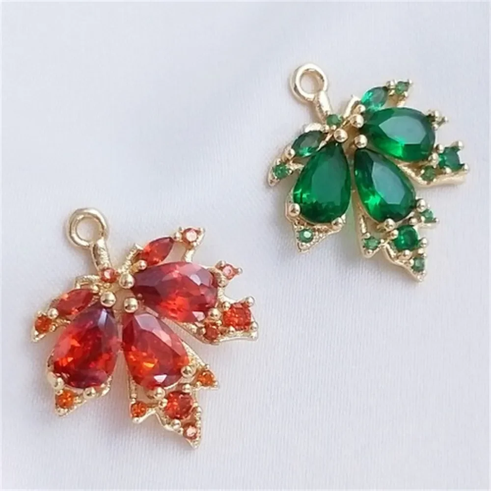 Maple Leaf Pendant 14K Pack Gold Micro Set Zircon Green Red Leaf Pendant DIY Earrings Necklace Charms Pendant K471