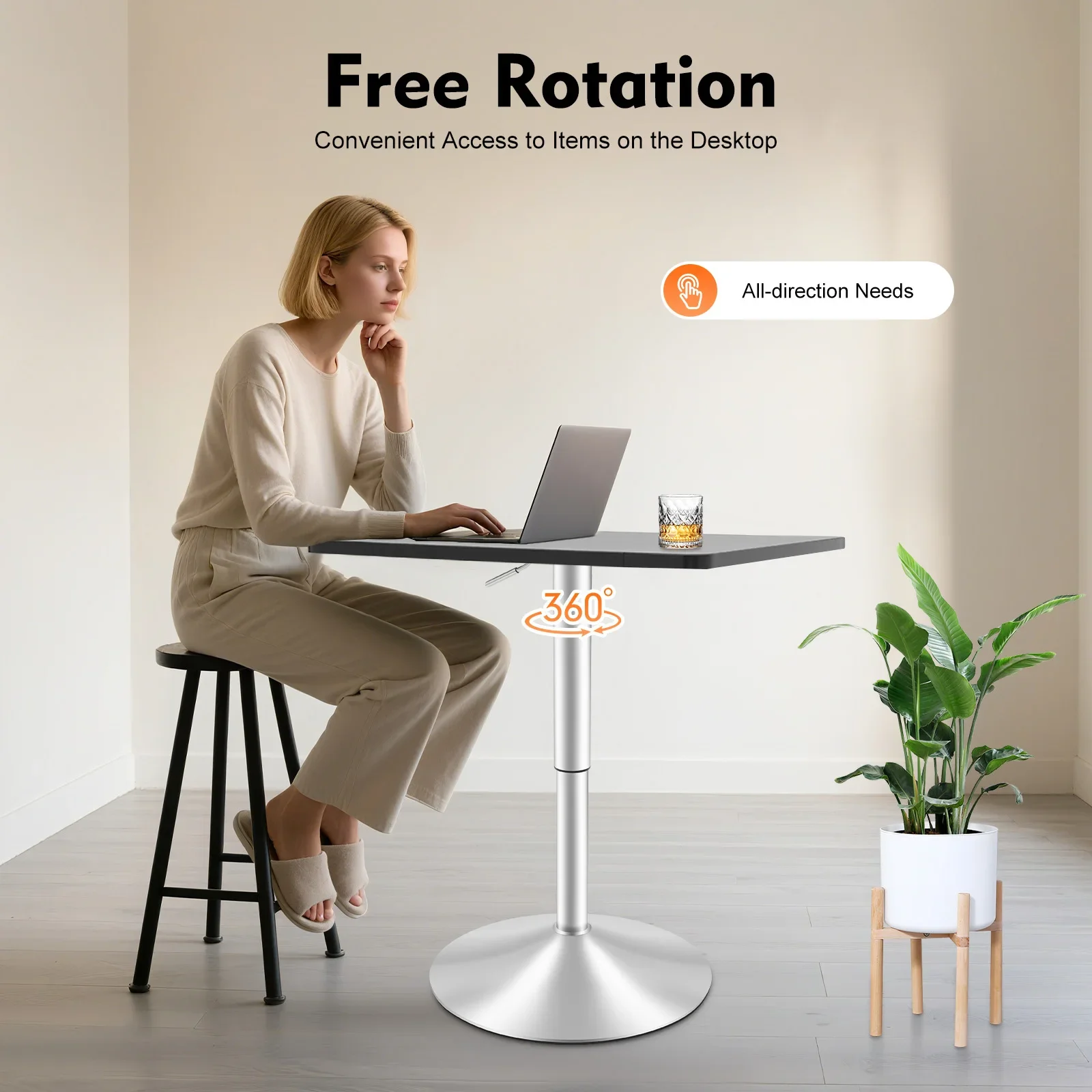 

Square Pub Table, Black Cocktail Table with 360° Spinning Top,Silver Leg and Base,Cafe Tables, Height Range 27.5'' to 35.4''