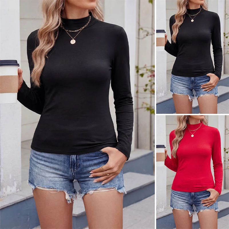 Women T-shirts O-neck Long Sleeve Autumn Winter Bottoming Shirt Casual Solid Under Shirt Korean Strecth Slim Fit Top Female Turt