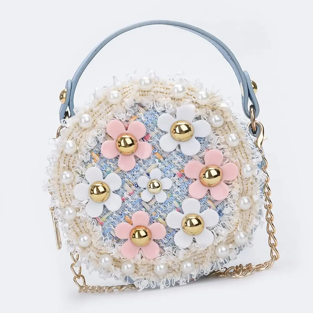 Bolsa crossbody pérola versátil para meninas, bolsa de ombro princesa, bolsas florais para crianças, coreana