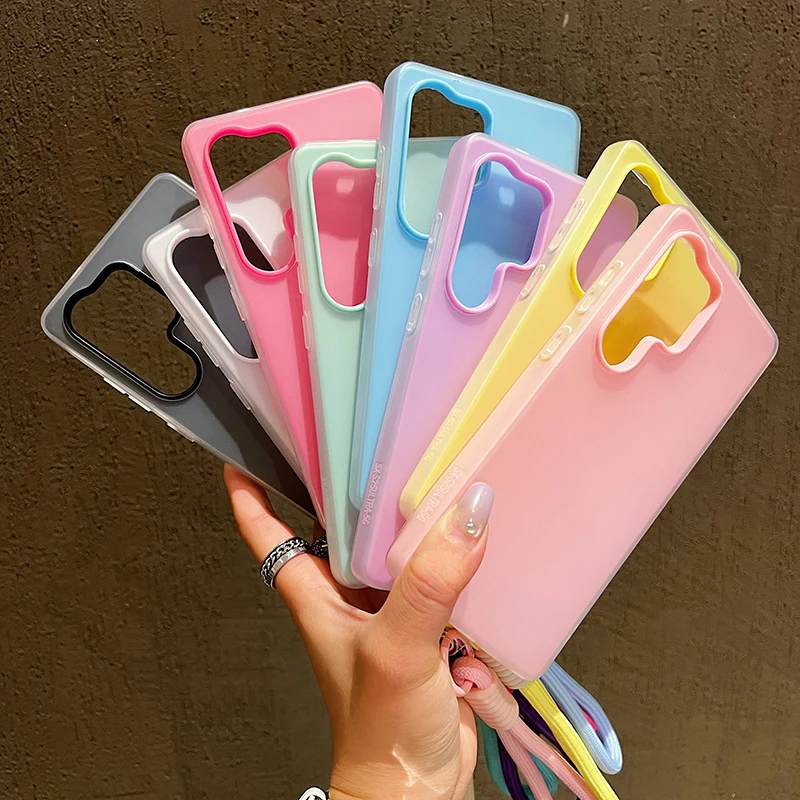 3 em 1 com alça de pulso geléia doce cor caso de telefone para samsung galaxy s25 ultra s24 s23 s22 plus fe fosco sólido cordão capa