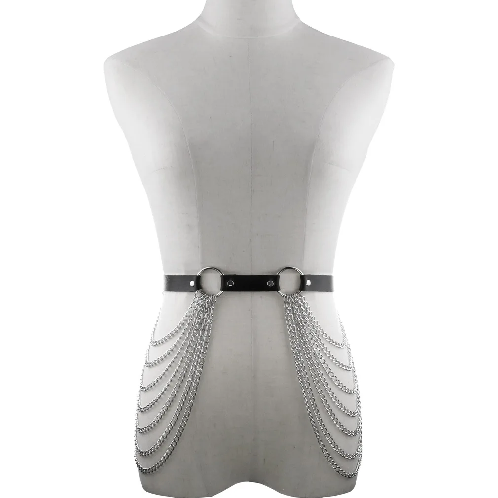Punk Gothic Dark Fashion Sexy Exaggerated Waist Chain Leather Belt Abdominal Binding Multi-layered Tassel Chain Belt