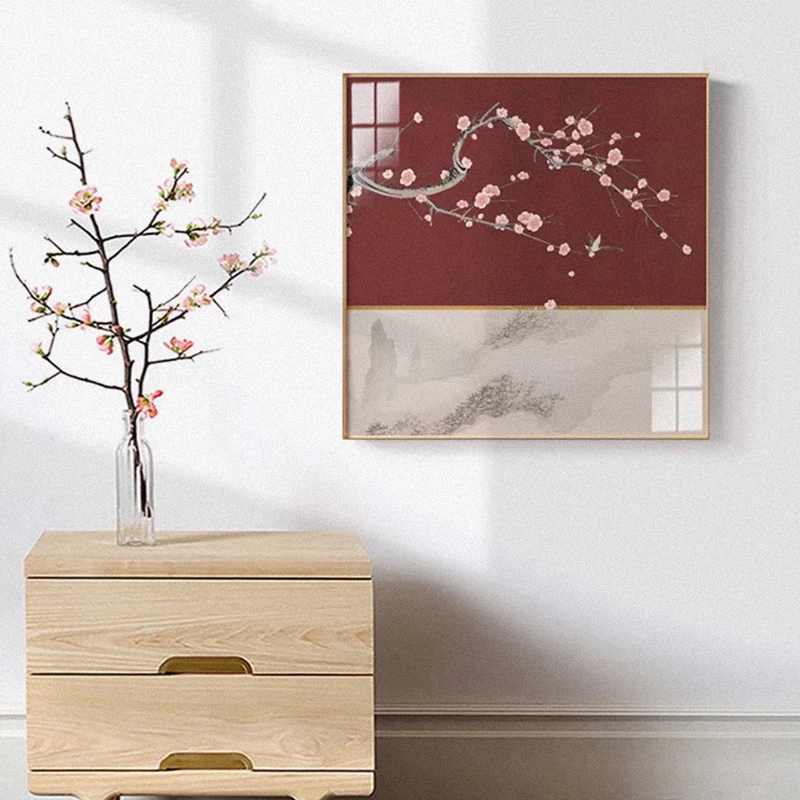 Plum New Chinese Zen Red and Blue Living Room Decorative Paintings Flower and Bird Hanging Painting Study Double Style Murals