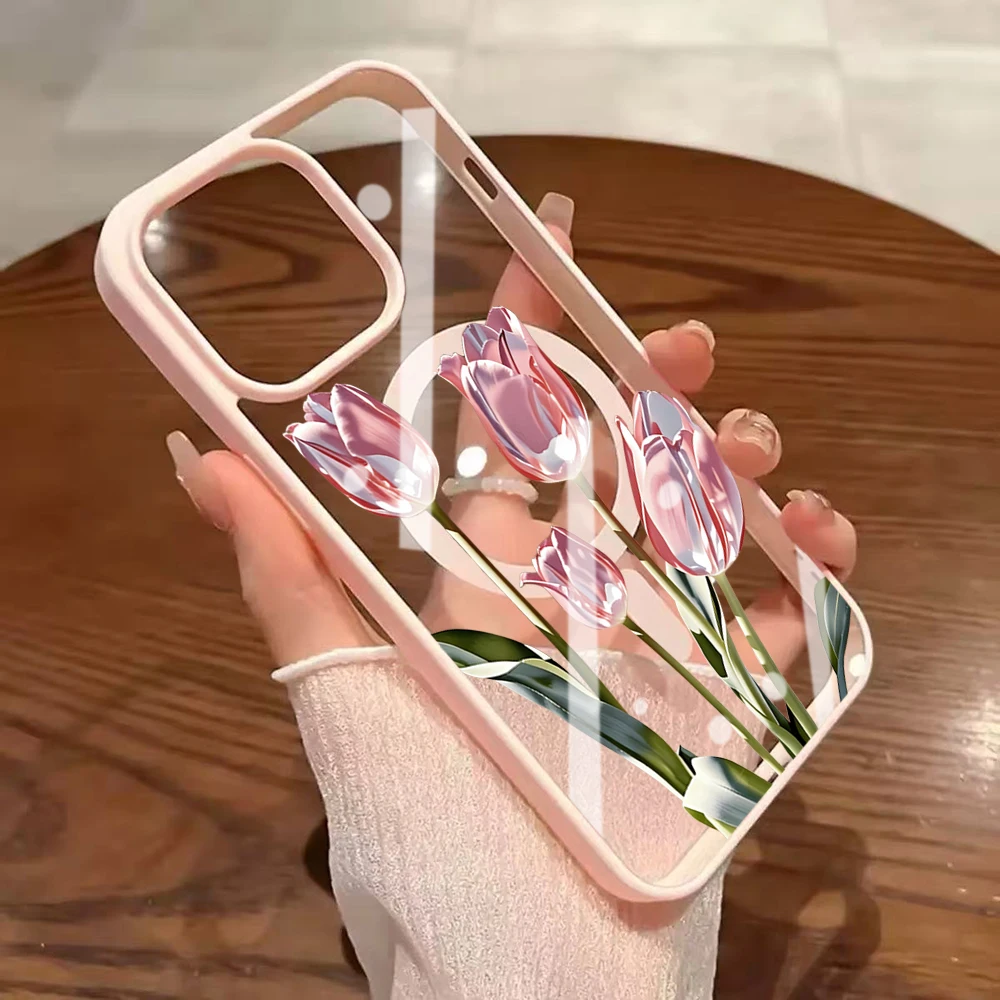 Tulpenblumen-Klarsichthülle für Magsafe iPhone 15 16 Pro Max 17 16 15 14 11 13 12 Pro Max Plus Hüllen Magnetisches Kabelloses Laden Coque – Detail 7