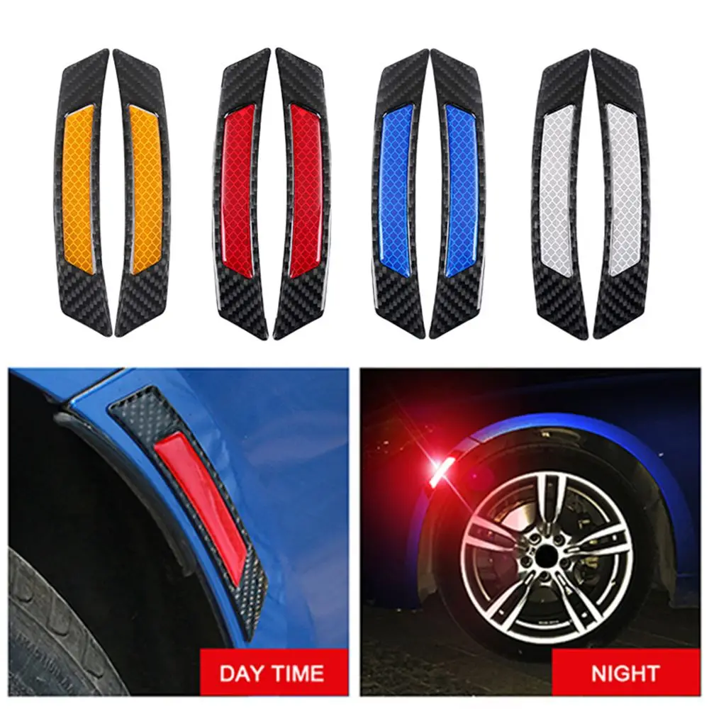 2Pcs Car Reflective Sticker Anti-collision Protection Strip Carbon Fiber Wheel Eyebrow Edge Guard Practical Warning Decoration