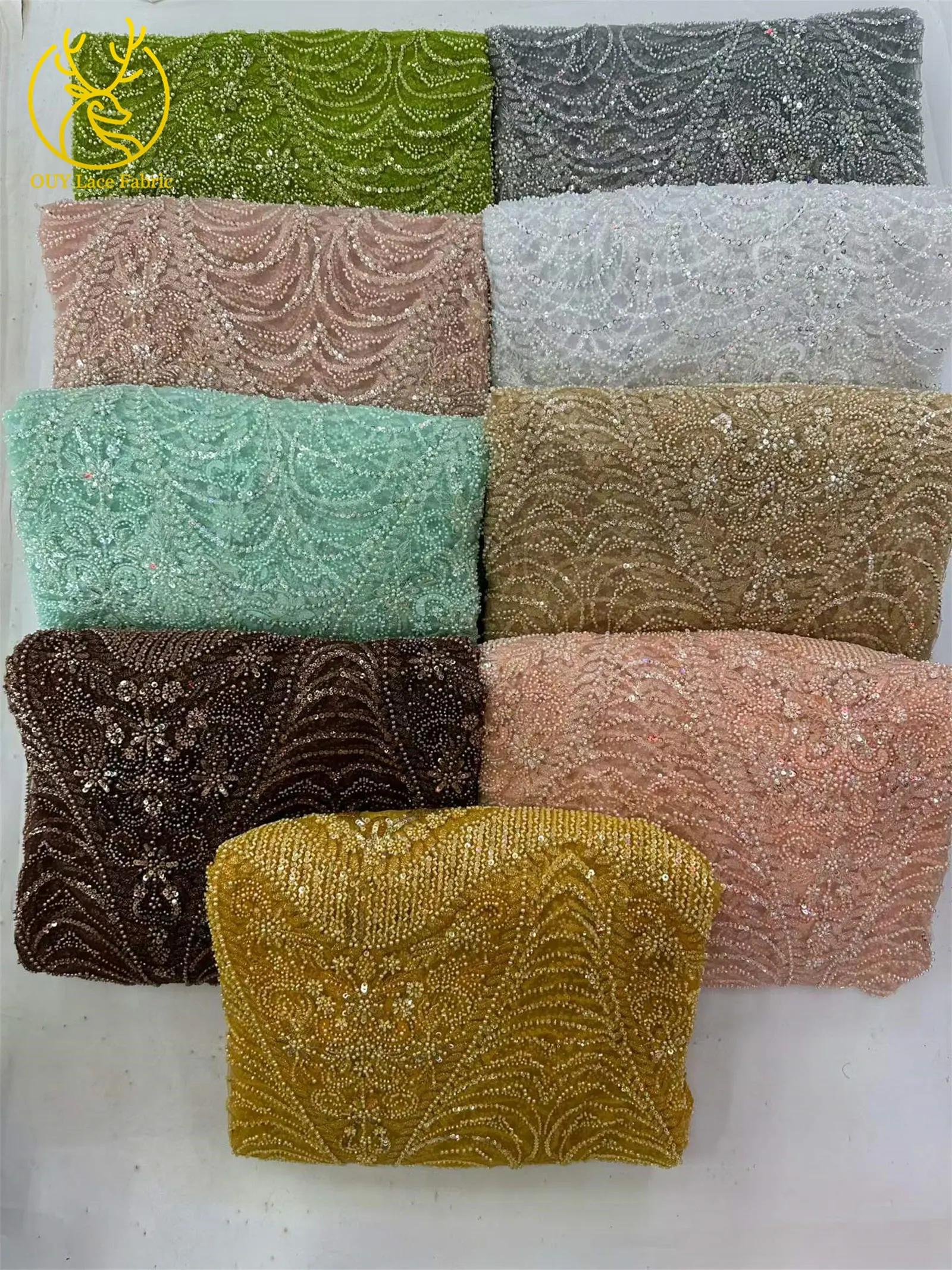Luxuriöser goldener nigerianischer Mesh-Spitzenstoff mit Perlen und Pailletten, afrikanische französische Brautstickerei, Hochzeitsspitze für Damen, Partykleid, Nähen – Detail 16