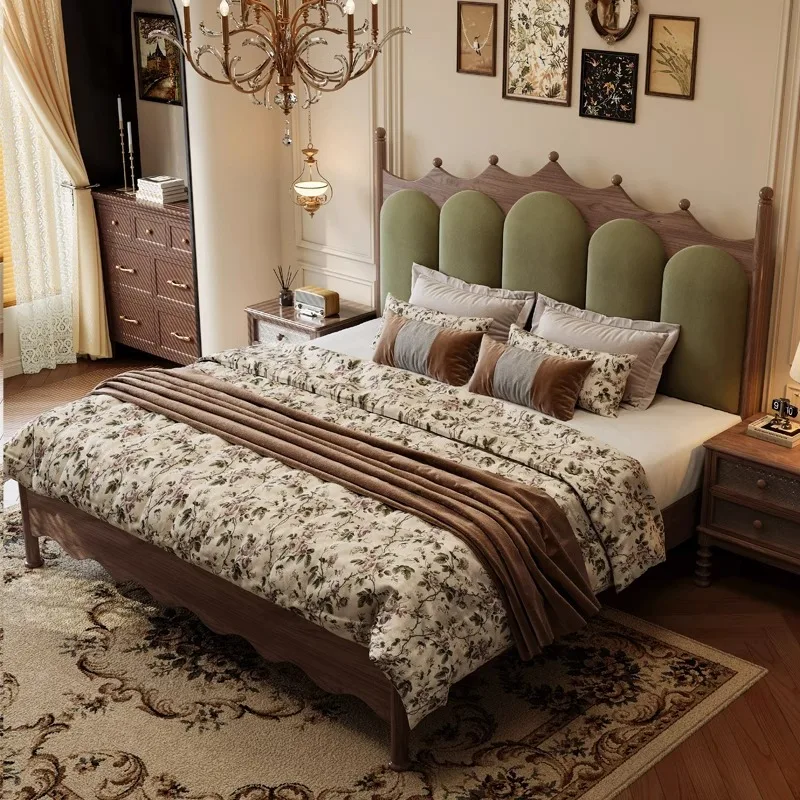 ！@Walnut Solid Wood Double Master Bedroom, French-American Mid-Retro Single Crown High-End Upholstered Wooden Bed