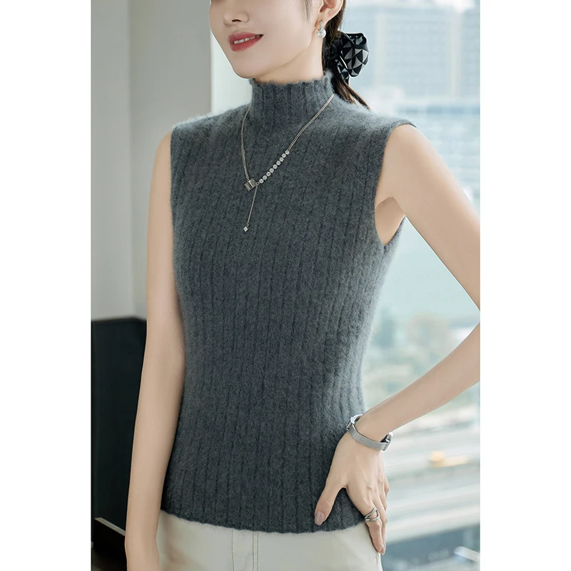 100% Cashmere Sleeveless Elasticity-bust Half High Collar Knit Autumn Winter Indoor Slim Sexy Women Pullover Ladies Sweater 2024