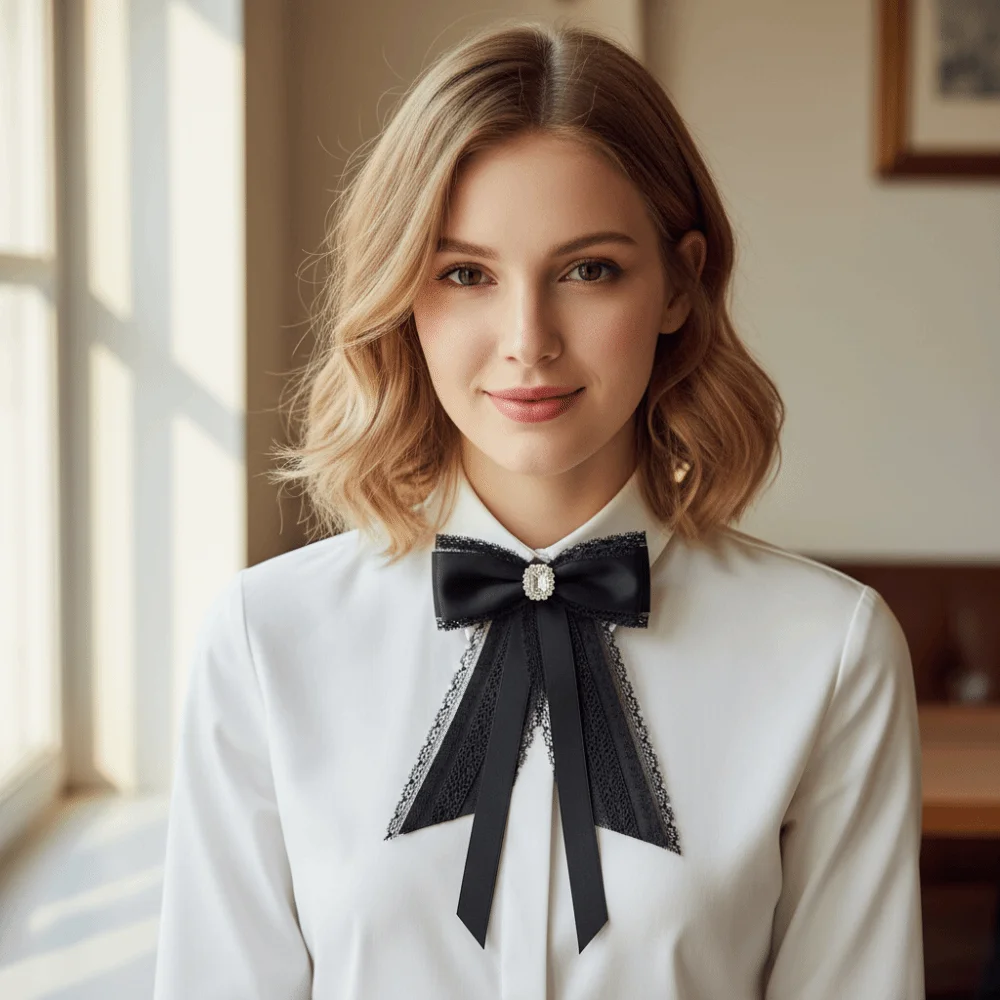 Black Memorial Black Ribbon Bow Tie Brooch White Fabric Lace Rhinestone Necktie Bowtie Neck Tie For Funerals and Mourning