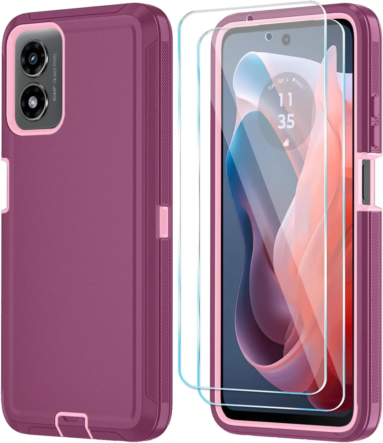 

Чехол для телефона Motorola Moto G Play 2024 с защитной пленкой для экрана, 3-слойный ударопрочный чехол в цвете винно-красный с розовым оттенком